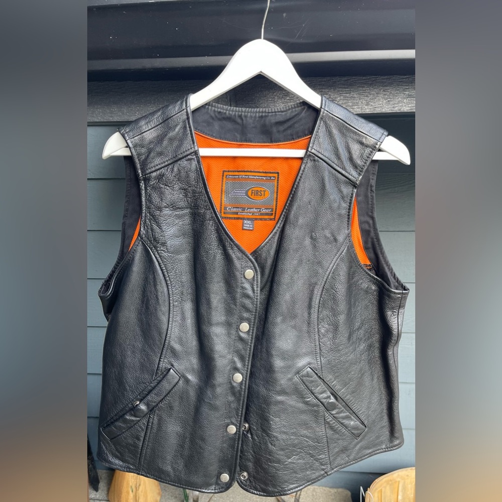 Black First classic leather gear motorcycle riding jacket with vest XL XXL - Picture 3 of 14